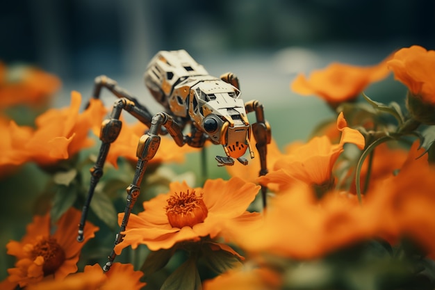 Photo gratuite insecte robotique avec des fleurs