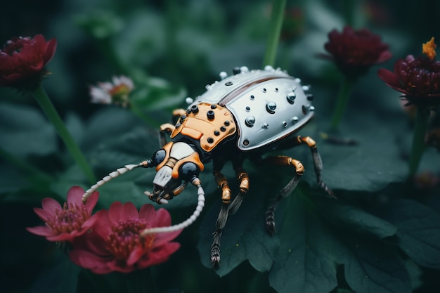 Photo gratuite insecte robotique avec des fleurs