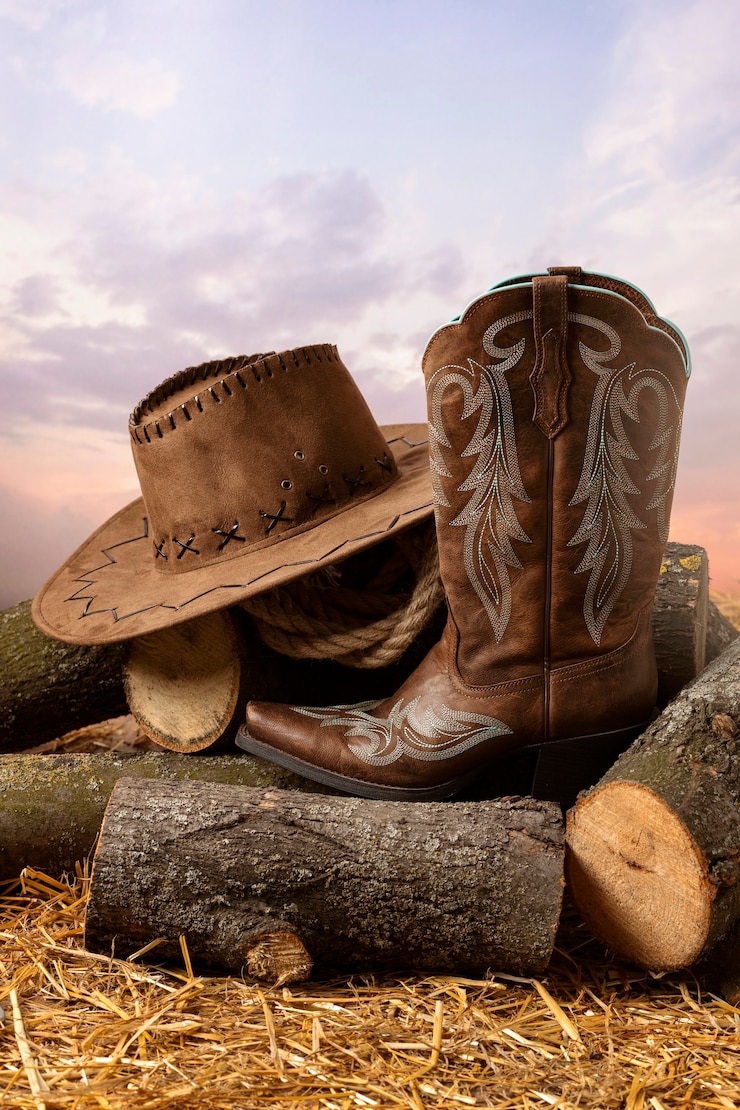 Photo gratuit inspiration cowboy avec bottes sur bûches