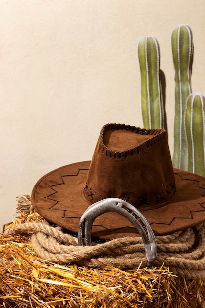 Photo gratuite inspiration cowboy avec chapeau et cactus