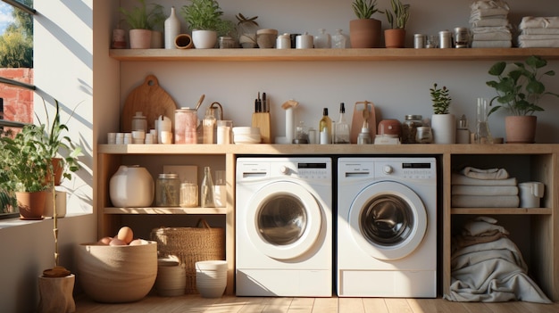 Photo gratuite intérieur de buanderie avec lave-linge, sèche-linge et serviettes