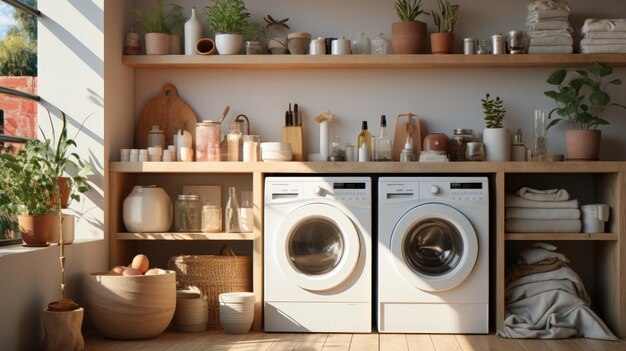 Intérieur de buanderie avec lave-linge, sèche-linge et serviettes