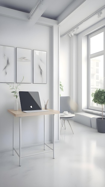 Photo gratuite intérieur de bureau moderne avec murs blancs, sol en béton, table d'ordinateur blanche avec ordinateur portable et modèle de rendu 3d de l'usine