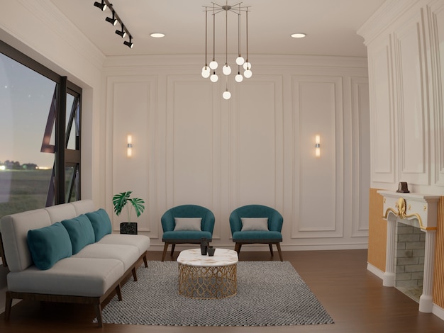 Photo gratuite intérieur de chambre 3d avec un design et un mobilier classiques