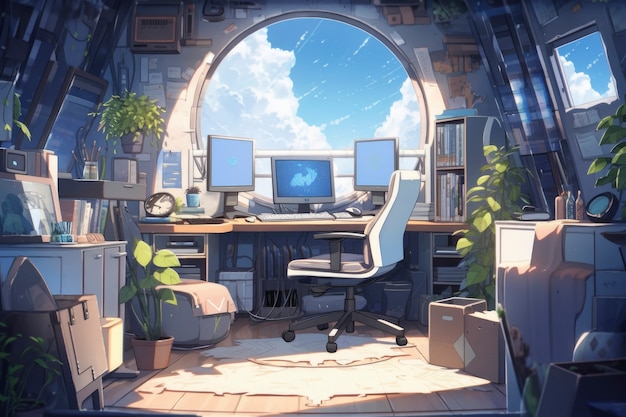 Intérieur confortable de style anime avec des meubles