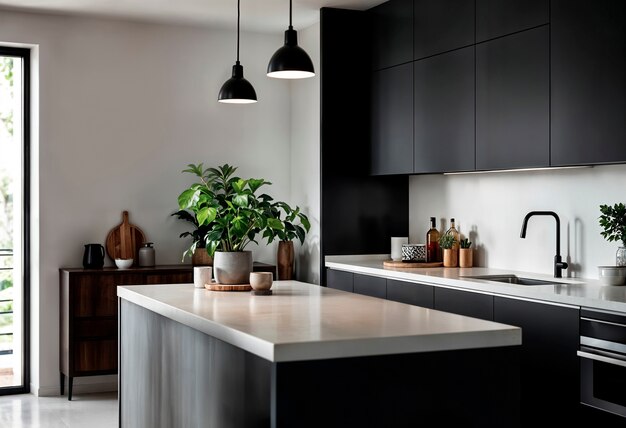 Intérieur de cuisine moderne avec des armoires noires et un îlot de cuisine
