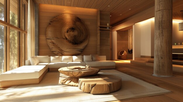 Intérieur de maison en bois photoréaliste avec décor et meubles en bois