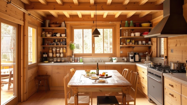 Intérieur de maison en bois photoréaliste avec décor et meubles en bois