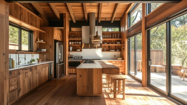 Intérieur de maison en bois photoréaliste avec décor et meubles en bois