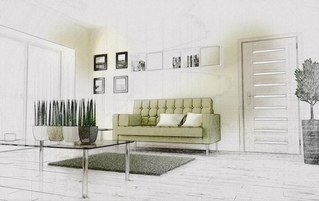 Photo gratuite intérieur moderne 3d dans la conception de style croquis