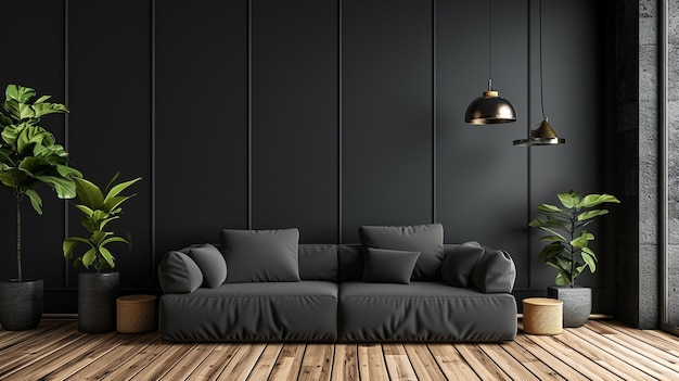 Un intérieur noir minimaliste avec un canapé noir