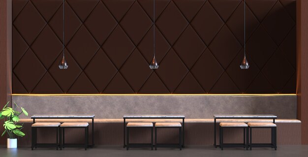 Intérieur de rendu 3d d'un café-restaurant avec chaise de table et fond de décoration de panneau mural