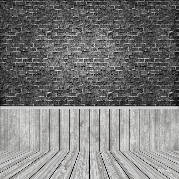 Intérieur de la salle 3D avec mur de briques grunge et plancher en bois