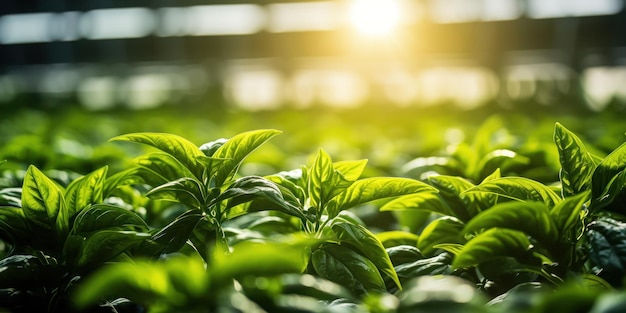 Photo gratuite À l'intérieur d'une serre, des rangées de poivrons verts atteignent la lumière qui filtre au-dessus