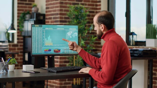 Investisseur masculin examinant les ventes d'actions sur ordinateur, utilisant des statistiques financières pour planifier l'investissement des entreprises en vue de la croissance. Analyste de marché travaillant avec des graphiques d'échange de devises en temps réel.