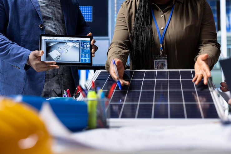 Photo gratuit les investisseurs d'usines photovoltaïques évaluent les panneaux solaires qui résolvent les problèmes