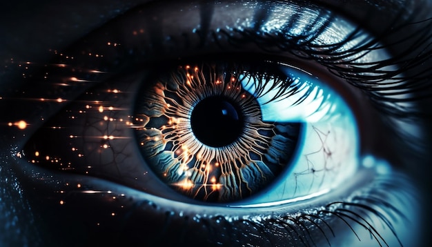 Iris bleu regardant en gros plan sur un œil humain généré par l'IA