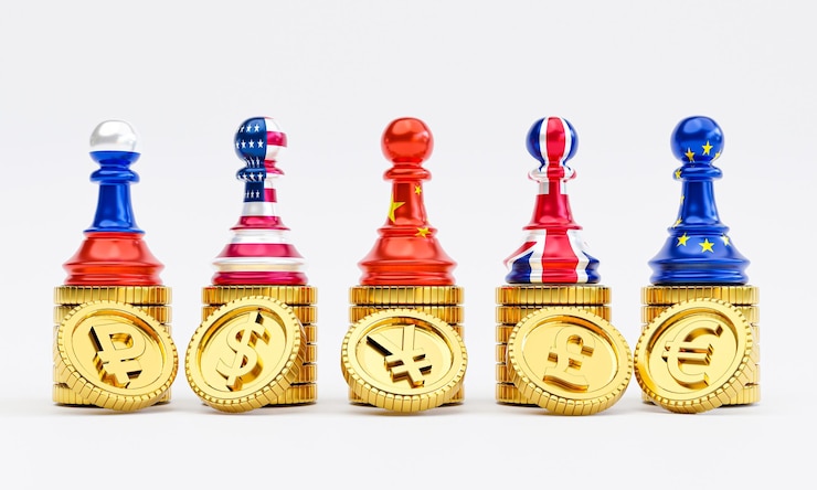 Photo gratuit isoler la devise principale sur l'empilement des pièces d'or comprend le dollar euro livre sterling yen yuan et rouble sur fond blanc pour le concept d'échange de devises par rendu 3d
