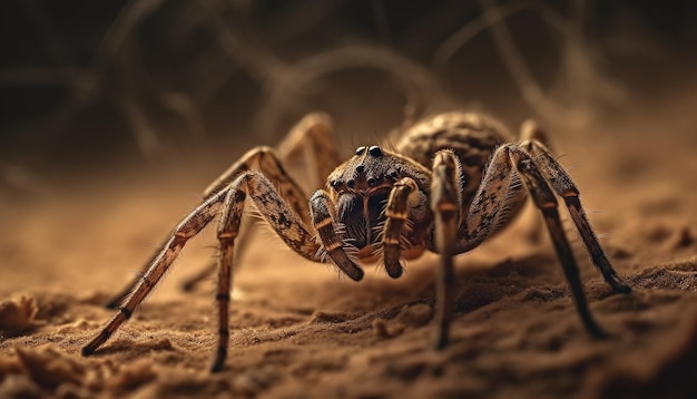 Photo gratuite la jambe poilue de l'araignée rampe sur le fond des feuilles générée par l'ia