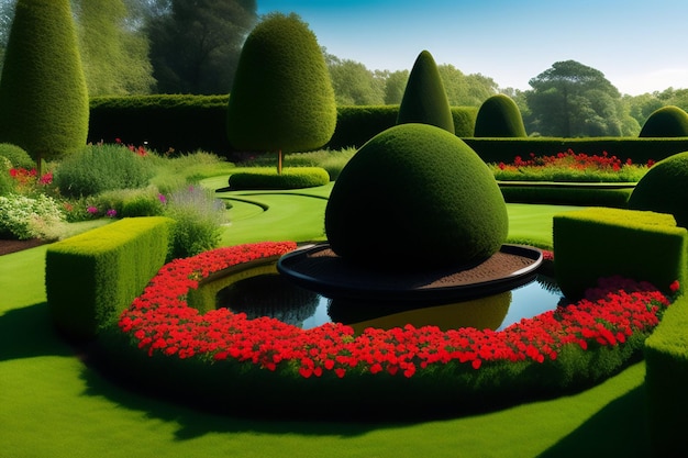 Photo gratuite un jardin avec un étang et une haie verte à fleurs rouges.