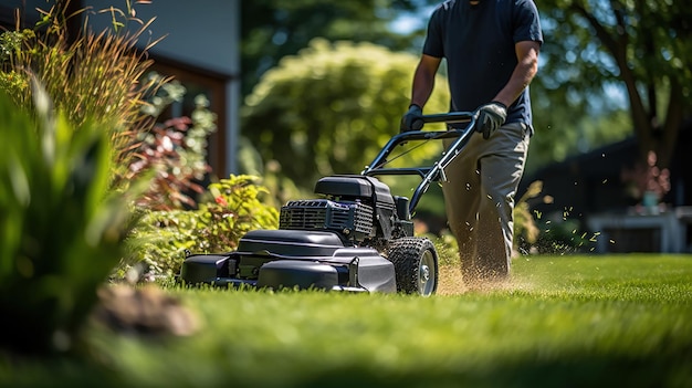 Photo gratuite un jardinier coupe l'herbe dans une cour.