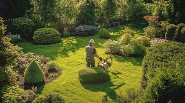 Un jardinier résidentiel coupe la pelouse de l'arrière-cour