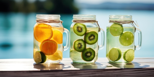 Photo gratuite des jarres avec du kiwi et de l'eau d'orange rafraîchissante et hydratante