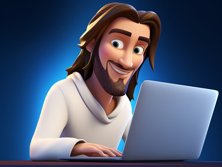 Photo gratuit jésus-christ avec un ordinateur portable