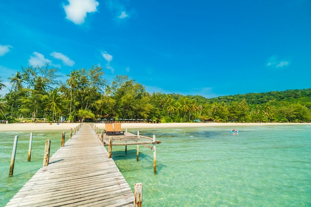 Photo gratuite jetée en bois ou pont avec plage tropicale