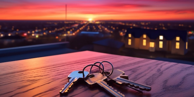 Photo gratuite un jeu de clés repose sur une table la promesse d'un foyer contre un ciel crépusculaire