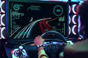 Photo gratuite jeu vidéo de course automobile dans une arcade