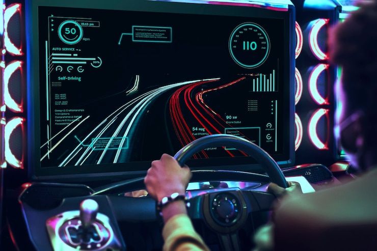 Photo gratuit jeu vidéo de course automobile dans une arcade