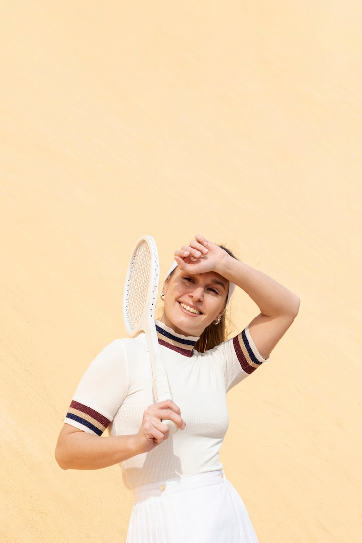 Photo gratuit jeune, athlète, tenue, raquette tennis, sur, épaule