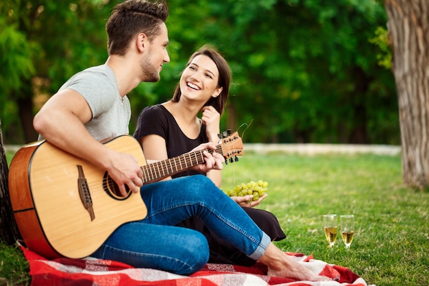 Jeune beau couple souriant reposant sur un pique-nique dans le parc