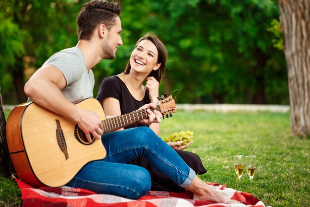 Jeune beau couple souriant reposant sur un pique-nique dans le parc