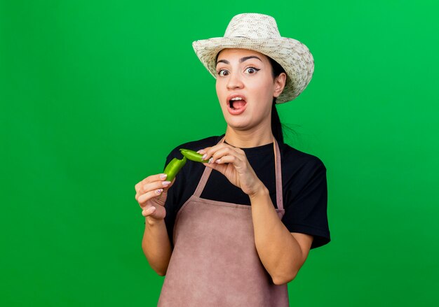 Jeune belle femme jardinier en tablier et chapeau tenant le piment vert cassé à la mécontentement debout sur le mur vert