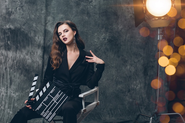 Photo gratuit jeune belle femme sexy élégante sur les coulisses du cinéma, tenant le battant de film