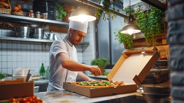 Photo gratuite jeune chef emballant une pizza prête dans une boîte pour la livraison idée de livraison de pizza fraîche pour les petits locaux