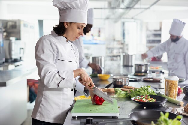 Un jeune chef professionnel découpe un poivre rouge frais sur une planche à couper