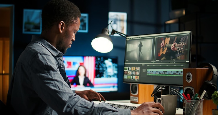 Photo gratuit jeune cinéaste travaillant sur la post-production médiatique depuis le bureau d'une agence