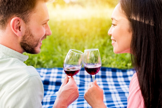 Jeune couple amoureux multiethnique, boire du vin rouge sur pique-nique