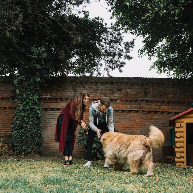 Jeune couple avec chien mignon