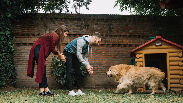 Jeune couple avec chien mignon