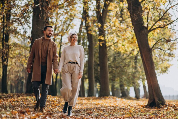 Jeune couple ensemble dans un parc en automne