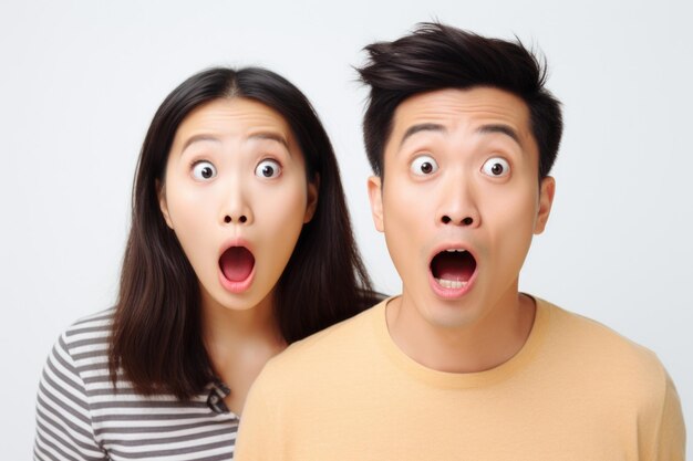 jeune couple étonné expression contre le fond du mur ai généré