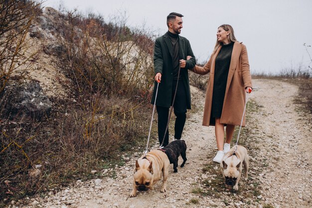 Jeune couple marchant leurs bouledogues français dans le parc