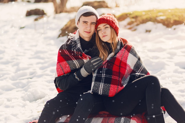 Jeune couple, porter, couverture, sur, a, champ neigeux