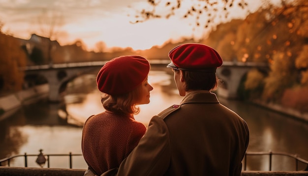 Un jeune couple s'embrasse au chaud coucher de soleil d'automne généré par l'IA