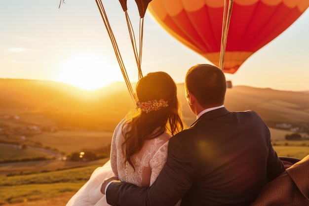 Photo gratuite un jeune couple se marie dans une montgolfière.