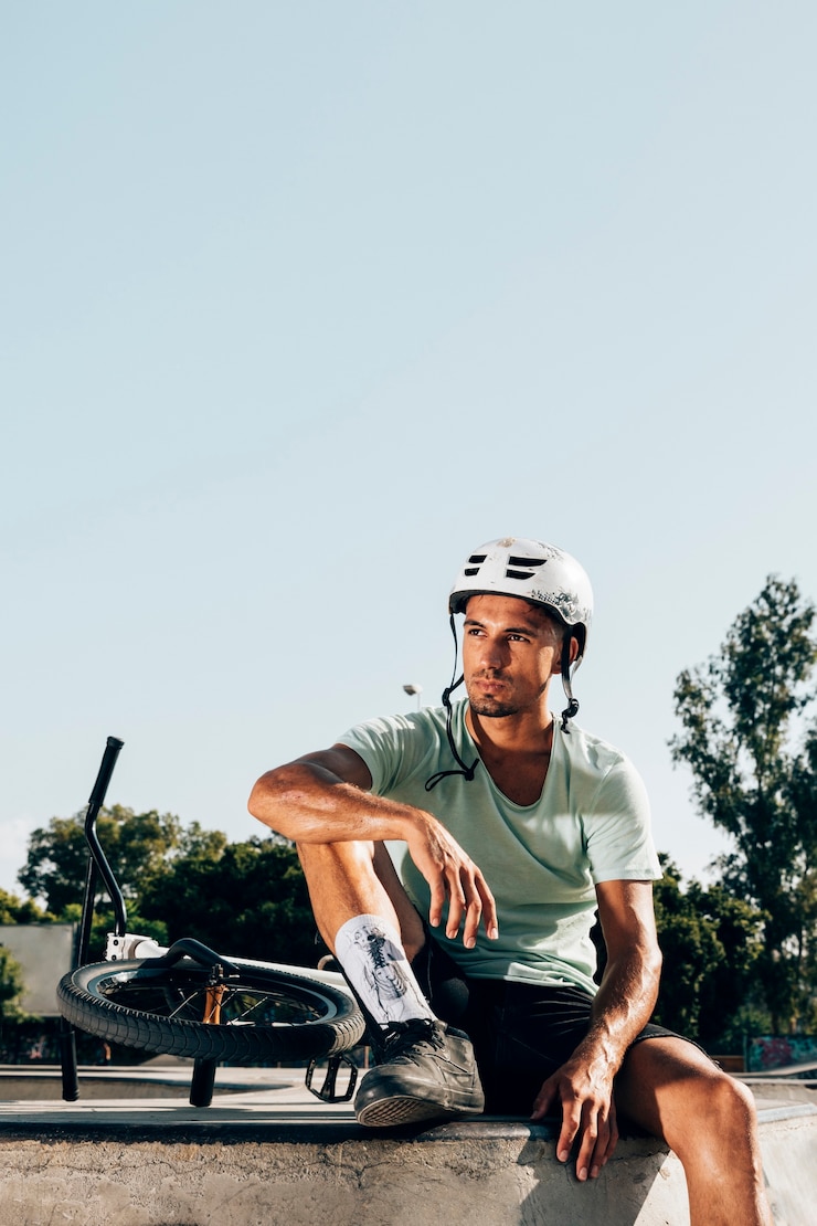 Photo gratuit jeune coureur de bmx au repos dans le skatepark